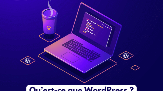 Ordinateur en néon avec titre : qu'est-ce que WordPress ?